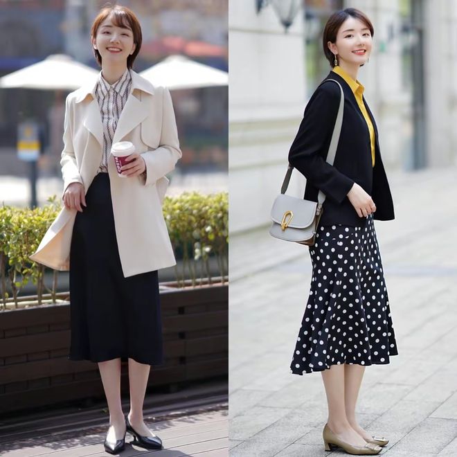 小个子上班装穿搭示范“西装+半身裙”简约高级又显瘦显高(图1)