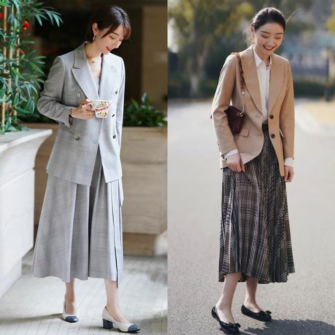 小个子上班装穿搭示范“西装+半身裙”简约高级又显瘦显高(图2)