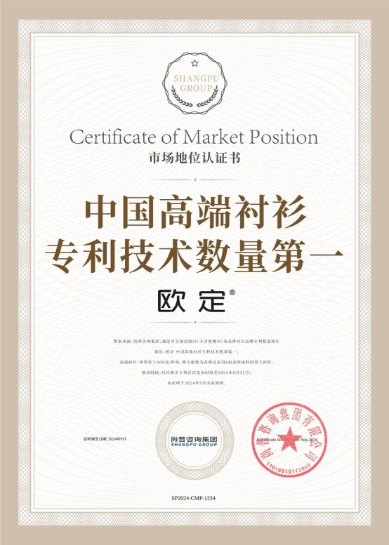 市场地位证明：欧定中国高端衬衫专利技术数量第一(图2)